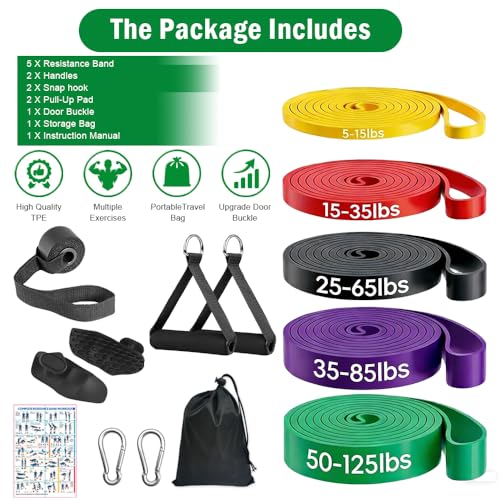 Pull Up Assistance Bands, Resistance Bands Set with Handles for Men Women, Workout & Exercise Bands, 5-Level Elastic Bands for Working Out, Stretch Bands for Home Gym, Stretching & Physical Therapy