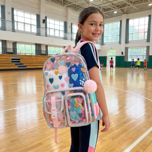 HTgroce Heavy Duty Transparent Girls Backpack with Lunch Box 3Pcs Clear School Bags for Girls Elementary school Bookbag Stadium Concert Approved Pink Heart - color: Pink Heart