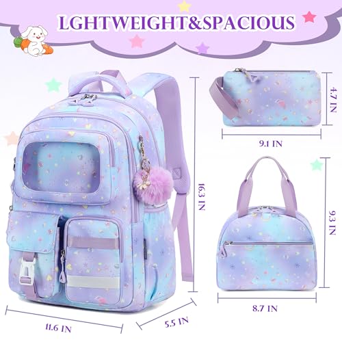 AO ALI VICTORY Backpack for Girls with Lunch Bag Pencil Case Kids School Bags for Kindergarten Elementary Middle Primary Schoolbag Cute 16 inch Laptop Bookbag Students 3 PCS Cute Bookbag, Purple Set - color: Purple Set