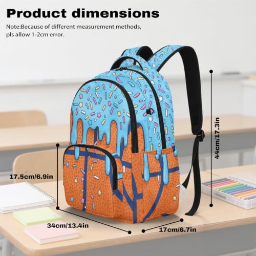 Suobstales Basketball Ice Cream Drip Print Backpack Daypack for Boys Girls, Large Capacity 17 Inch School Bag Lightweight Portable Knapsack Shoulder Bookbag Rucksack Satchel for Student - color: Basketball Ice Cream Drip 2