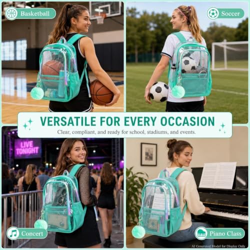 AGSDON Clear Backpack, Heavy Duty Transparent Bookbag, See Through PVC Backpacks for Women Men - color: Clear Backpack - Green