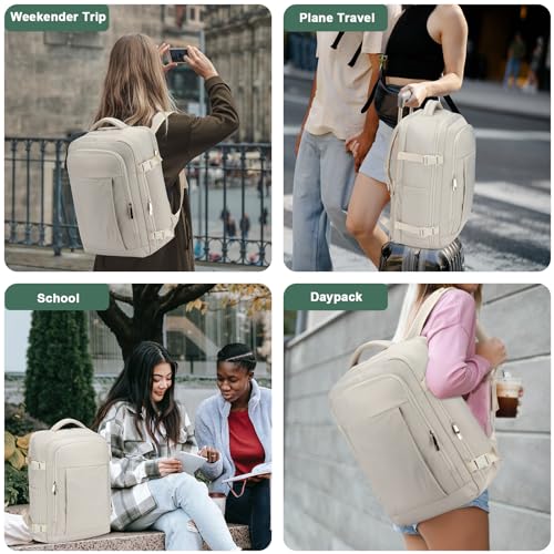 RDTGO Travel Backpack For Women,Personal Item Travel Bag Fits 17" Laptop,Flight Approved Carry-On Backpack, Hiking Backpack,Waterproof Outdoor College Casual Daypack (Beige) - color: Beige