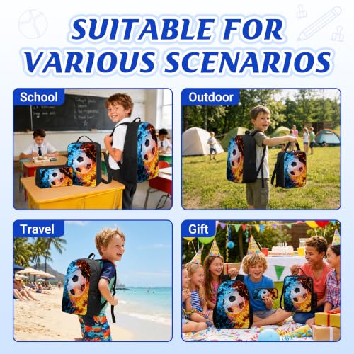 Soccer Backpack Set for School,17 Inch Casual School Bags with Lunch Box, Kids Daypack Bags and Pencil Case Set for Teens Boys Men Students - color: Ice&fire-soccer