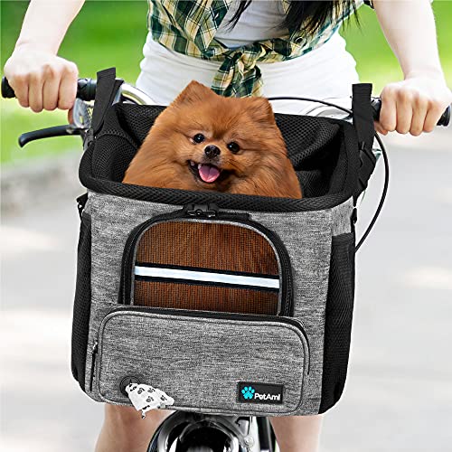 PetAmi Dog Bike Basket, Soft-Sided Ventilated Dog Bike Carrier Backpack, Pet Bicycle Basket for Bike Handlebar, Small Medium Puppy Cat Kitten Car Booster Seat with Safety Strap, Max 18 lbs, Gray - color: Light Gray