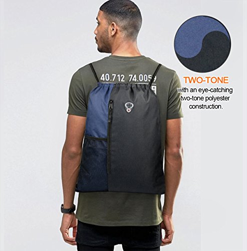 BeeGreen Drawstring Backpack Sports Gym Bag for Women Men Large Cinch Sackpack with 2 Zipper Pockets and Water Bottle Mesh Pockets Black Navy - color: Black/Navy, style: Drawstring With Mesh Pocket