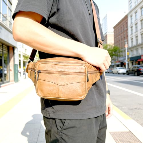 large 6 Pockets Leather Fanny Pack Travel Waist packs Waist Pack Suitable for Outdoor Mountaineering Travel Camping Cycling Running etc Fanny packs (Light brown) - color: Light brown 2025 model
