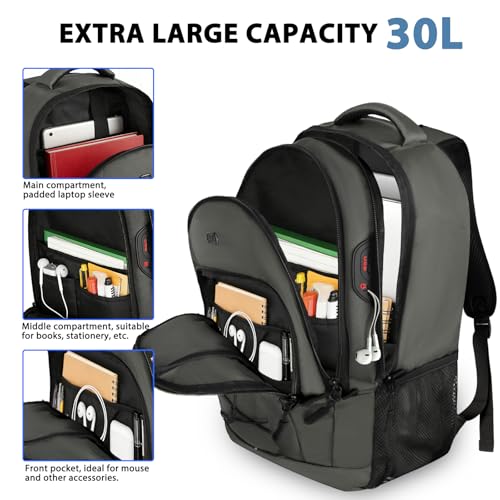 Goloni Laptop Backpack for Men Women, 17 Inch Travel Backpack with USB Charging Port, Water Resistant Lightweight Backpack with Compartments, 30L Casual Daypack,Grey - color: Grey