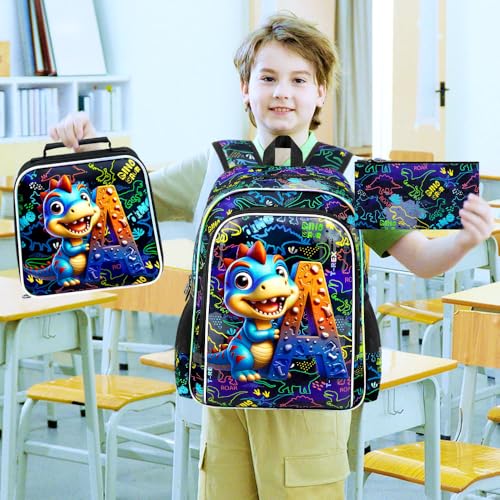 16" Dinosaur Backpack, 3Pcs Boys Bookbag with Lunch Box, Kids School Backpacks Set for Elementary Preschool Kindergarten (Balck) - color: Dinosaur Black