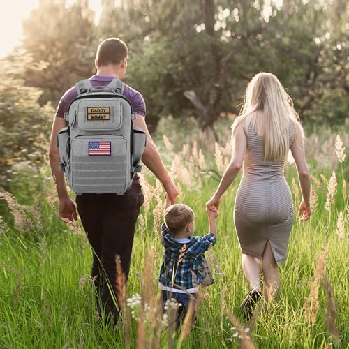 SHARKMOUTH Baby Diaper Bag for Dad - Military Diaper Backpack with Patches for Outdoor Hiking Travel Camping Park - Baby Shower Gifts Gray - color: Gray