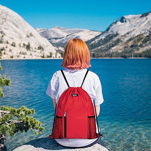 WANDF Drawstring Backpack Sports Gym Sackpack with Mesh Pockets Water Resistant String Bag for Women Men (Red) - color: Red