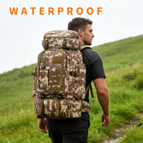Hiking Backpack Tactical Backpack for Men Women, 80L Military Backpack Rucksack Waterproof Large Travel Camping Backpack for Men, Molle Rucksack Outdoor Travel Cycling Daypack (Desert Camo) - color: Desert Camo