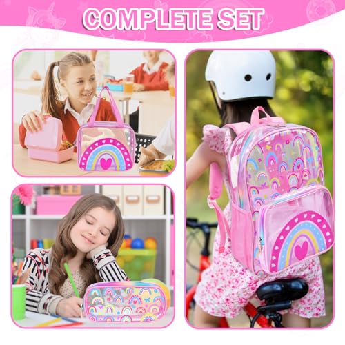 SHPMXUPW 3-Piece Clear PVC School Backpack for Boys and Girls, 17″ Kids Transparent Pink Backpack Set with Lunch Bag & Pencil Case–Adjustable Straps, Side Mesh Pocket & Sturdy Handle (Pink-Rainbow) - color: Pink-Rainbow