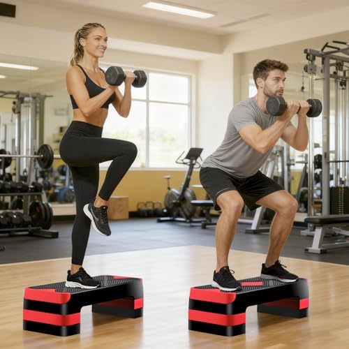 ZENY 26.5 inch Aerobic Step Platform with 4 Step Risers, Height Adjustable Exercise Stepper for Home Gym Workouts, 400 lbs Capacity - color: Red