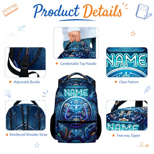 Personalized Backpack Set for Boys Gaming School Bag for Kids Teens Gamer - 17 Inch Large Capacity Custom Name Bookbag with Lunch Box for Elementary Middle School - color: Blue