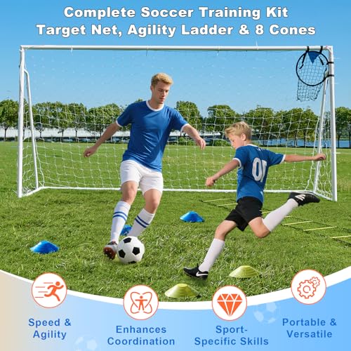 Soccer Goals for Backyard Soccer Goal 12x6 Big 10x6.5 8x6 6x4FT Soccer Goals for Youth Adults and Kids Large Metal 2" Goal Post with Agility Ladder and Target Net Soccer Cones Practice Equipment - style: 12×6 FT