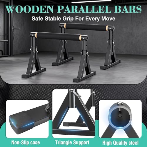 Wooden Parallel Bar and Dip Bar with Adjustable Height and Non-Slip Handles, Rock-Free Fitness Equipment for Handstands, L-Sits, Gymnastics and Strength Training for Home Gym, 600lbs Capacity - size: 10-14''