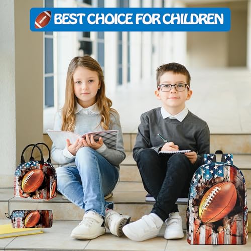 3PCS Backpack for Girls Boys,Teens Flag Football Back to School Backpack with Lunch Box Pencil Case, 17 Inch Lightweight Students Backpack 3 in 1 Set for Elementary Middle High School - color: American Flag Football