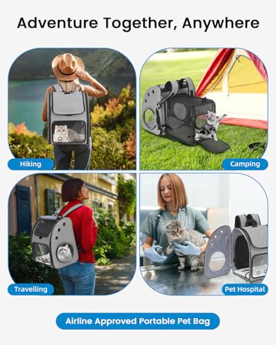 Expandable Cat Backpack Carrier for Small Cats/Dogs Airline Approved | Pet Carrier Backpack with Large Space/Breathable Mesh/Anti-Collapse,for Travel/ Hiking/Camping/Vet, Up to 18 lbs - color: Grey