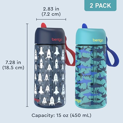 Bentgo Kids Water Bottle 2-Pack - Leak-Proof Durable Tritan BPA-Free 15 oz Cup for Kids/Toddlers Ages 3+; Bite & Sip Spout + Dishwasher Safe for School/Sports/Daycare/Camp (Rocket/Shark) - color: Rocket & Shark