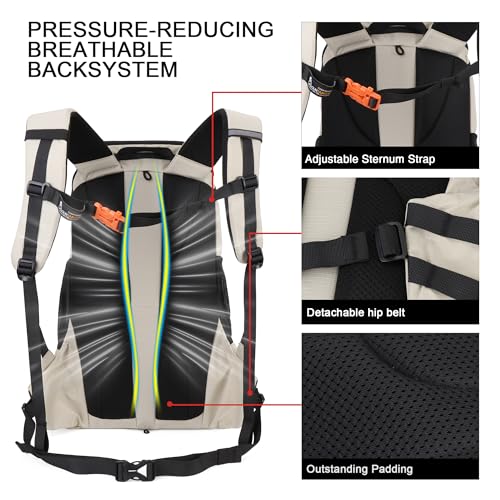 MOUNTAINTOP 35L Hiking Backpack, Lightweight Outdoor Travel Camping Daypack with Rain Cover for Men & Women(White) - color: Creamy White