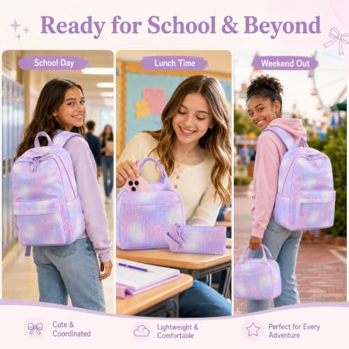 BTOOP School Backpacks for Teen Girls Bookbags Lightweight Kids Backpack School Bags Set with Lunch Box Pencil Case - color: Purple Bow