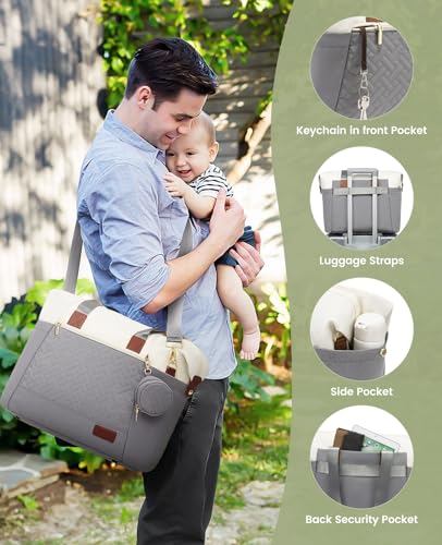 LOVEVOOK Diaper Bag Tote, Baby Diaper Bag Waterproof Travel Diaper Tote with Changing Pad - color: Gray/Beige/Brown