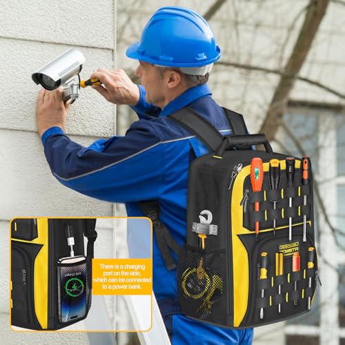 18Inch Electrician Tool Backpack with USB Port,Waterproof HVAC Tool Bag Backpack for Men,Heavy Duty Technician Backpack with 23 Pockets and S-shaped Shoulder Straps,Black & Yellow