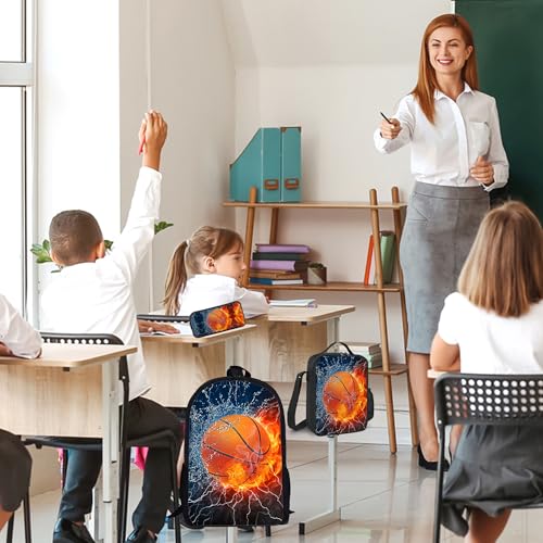 3PCS Basketball Backpack for Boys Girls Teens, School Backpack with Lunch Box Pencil Case for Elementary Middle High Students, 17 Inch Lightweight Bookpack 3 in 1 Set Back to Shool Supplies for Kids - color: Water Fire Basketball S01