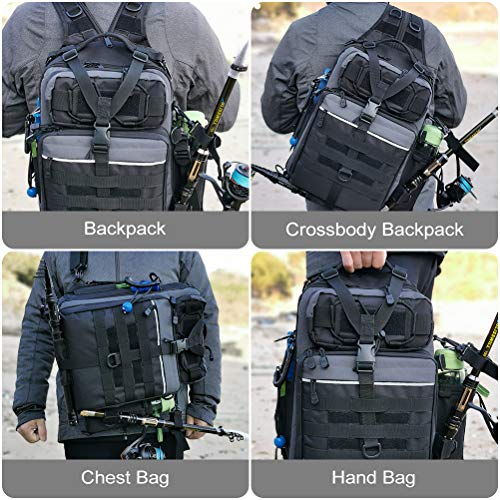 BLISSWILL Outdoor Tackle Bag - Large Water-Resistant Fishing Backpack - color: G:black and Grey, style: Large(16*12*6 Inch)