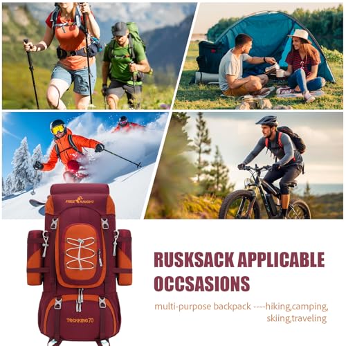 Bseash 70L (65+5) Waterproof Hiking Camping Backpack with Rain Cover, Outdoor Sport Travel Daypack for Climbing Touring (Red) - color: Red