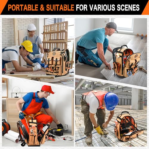 Tool Bag Backpack, Tool Backpack Heavy Duty Organizer/HVAC Tool Bag for Electrician/Construction Work with Molded Base and Combination Lock, Large, Brown