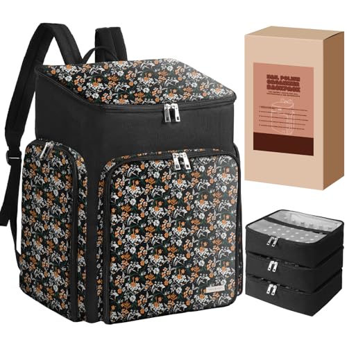 Floral Pattern Nail Polish Storage Backpack, Large Capacity Organizer Case with Multiple Compartments, Black