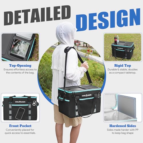 INSMEER Soft Cooler Bag with Hard Shell & 2 Cup Holders, Portable 40L/70 Cans Collapsible Cooler Bags Insulated with Leakproof for Travel, ice chests and Cooler Lunch Box for Beach Camping Picnic - color: Black