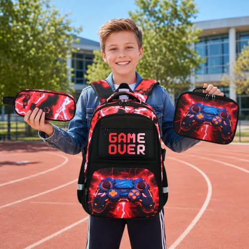 Scothen 3PCS Boys Backpack Set, Cool Backpack for Boys with Lunch Bag & Pencil Case, Kids School Bag Teen Boy Bookbag for Kindergarten Elementary Middle School with USB Charging Port - color: Red Lightning