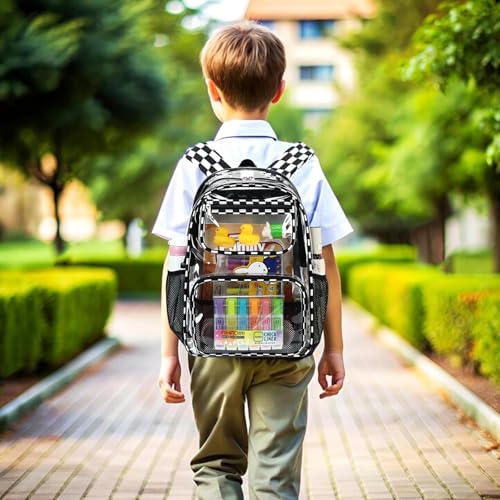 Bluboon Clear Backpack Heavy Duty Kids Boys Clear Bookbag See Through Backpacks with Pencil Case for College Work - color: Transparent Black White Checked