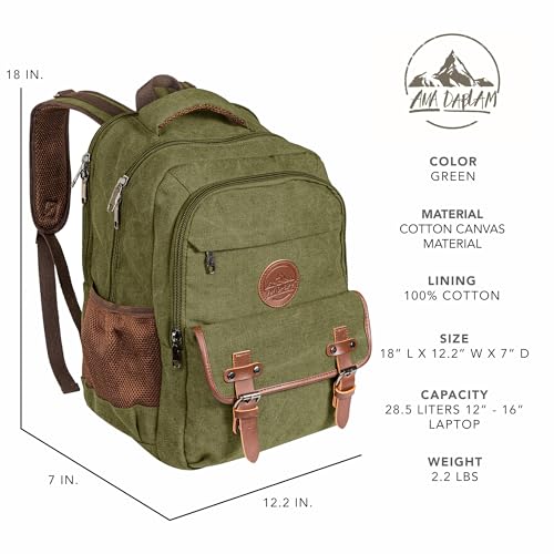 Ama Dablam Premium Original Canvas Backpack/ 17”Laptop/XL-30L/ Many Pockets | Strong Zippers | Thick Cotton | College Travel - color: Sage Green