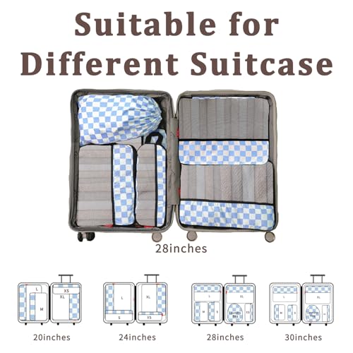U+U 6 Set Compression Packing Cubes - Ultralight Travel Organizers with Laundry Bag, Space-Saving Suitcase Organizer for Travel, Business Trip and Family Vacation (Blue Checkered)