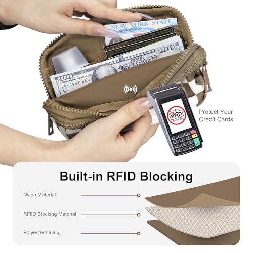 FODOKO Wristlet wallets for women Nylon Quilted Wallet with 4 Zippers,Travel Credit Card,Holder Cell Phone Organizer - color: Caramel Color