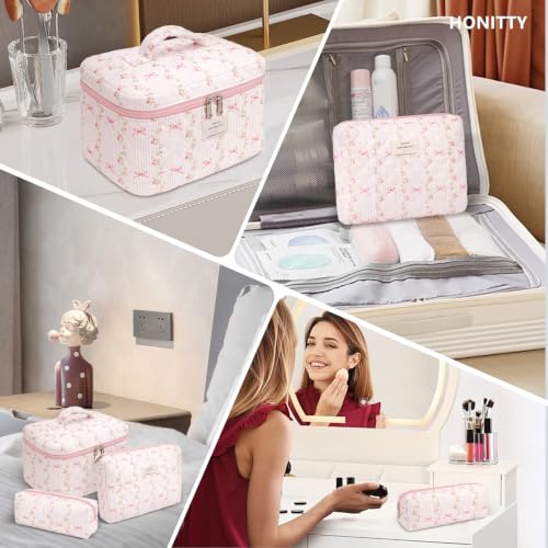 honitty Makeup Bag,Quilted Cosmetic Bags,Large Floral Make Up Organize bag,Makeup Bag Set for Women,Flower Travel Toiletry Bag - color: Striped Bow Tie