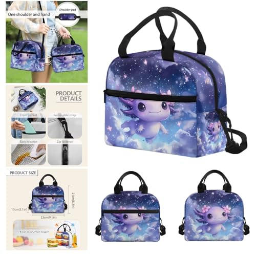 Galaxy Axolotl Backpack for Girls Kids Backpack with Lunch Box Water Bottle Holder and Big Pencil Case 4Pcs Set 17" Bookbag with Large Front Pocket for School Lightweight Elementary School Bag - color: Galaxy Axolotl