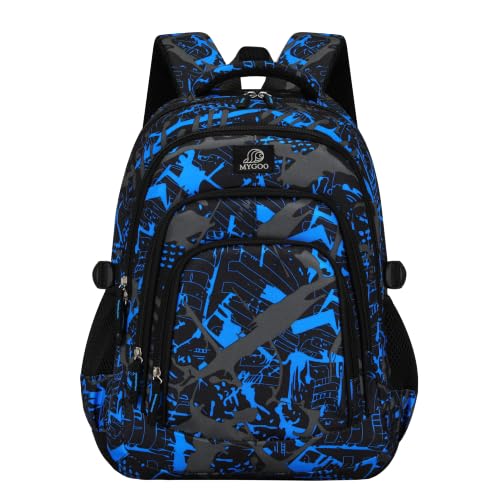 MYGOO Boys School Backpack Archibald Camo Blue Bookbag for Elementary Middle School Ages 5-12, 17 inch Large Capacity 24L Kids Student Travel Bags - color: Archibald Camo Blue