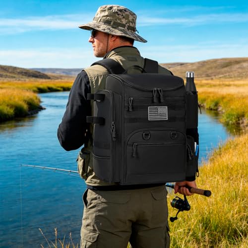 40L Fishing Backpack Water Resistant Fishing Tackle Bag with 2 Rod Holders, Tackle Storage Bag for Anglers(Black,Bag Only) - color: Black