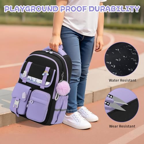 MUSEVOS Girls Backpack, Kids Backpack for Girls, School Bookbag for Teens Age 6-15, Large Capacity Water Resistant Backpack for Elementary to High School, Cute Travel Daypack, Black Purple - color: Black Purple