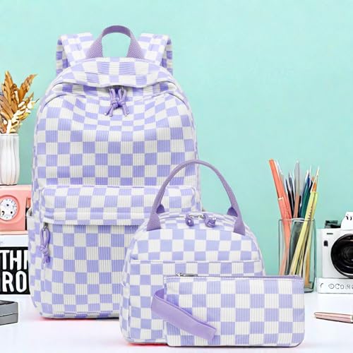 LEDAOU Backpack for Girls School Bag Kids Bookbag Teen Backpack Set Daypack with Lunch Bag and Pencil Case | Kids - color: Purple Checkered