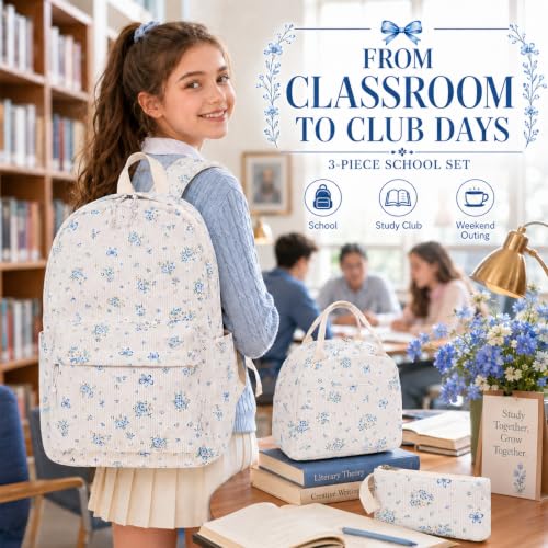 Bluboon School Backpack Set Girls Womens Laptop Bookbag Casual Daypack Fits 15 inch Laptop with Lunch Tote Bag and Pencil Bag - color: Blue Floral 263