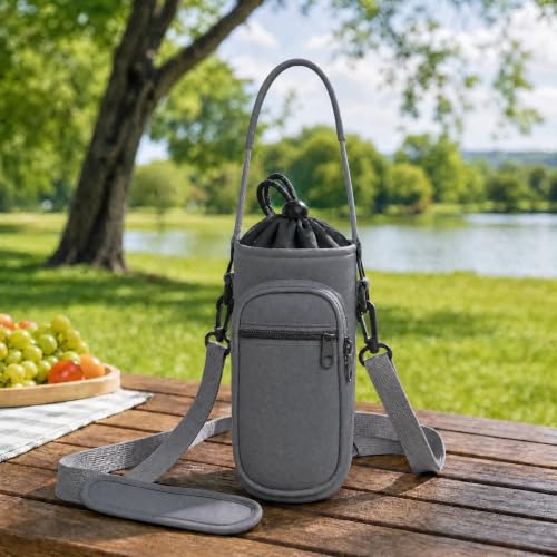 Water Bottle Holder with Strap, Water Bottle Carrier Bag with Phone Pocket, Shoulder Hand Strap Insulated Neoprene 32/40 oz Water Bottle Sleeve for Walking Hiking Camping Gym - color: 6 GRAY, size: under 32oz