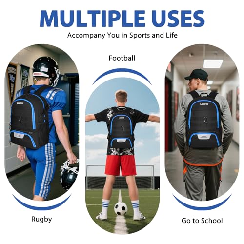 LARIPOP Soccer Backpack with Ball Holder & Shoe Compartment Large Capacity Sports Bag for Training - color: TR Blue