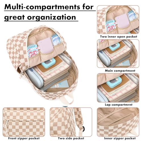Bluboon School Backpack Set Girls Womens Laptop Bookbag Casual Daypack Fits 15 inch Laptop with Lunch Tote Bag and Pencil Bag - color: Corduroy Checkered Brown