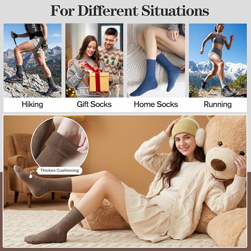 MOGGEI 5 Pairs Womens Merino Wool Socks Hiking Warm Winter Thick Thermal Crew Cozy Cabin Ladies Gift Comfy Boot Work Socks - color: Khaki/Coffee/Gray/Blue