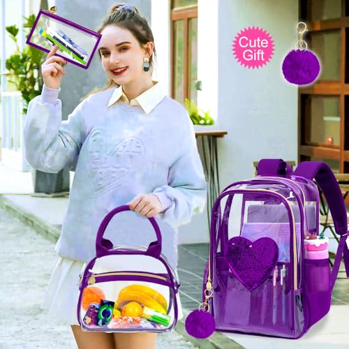 gxtvo 3PCS Girls Clear Backpack Heavy-Duty Set for Women & Teen, 17" See Through Bookbag with Luxurious Gold Zipper, Deep Purple Sequins Transparent School Bag - color: Deep Purple Sequins Clear Backpack Set